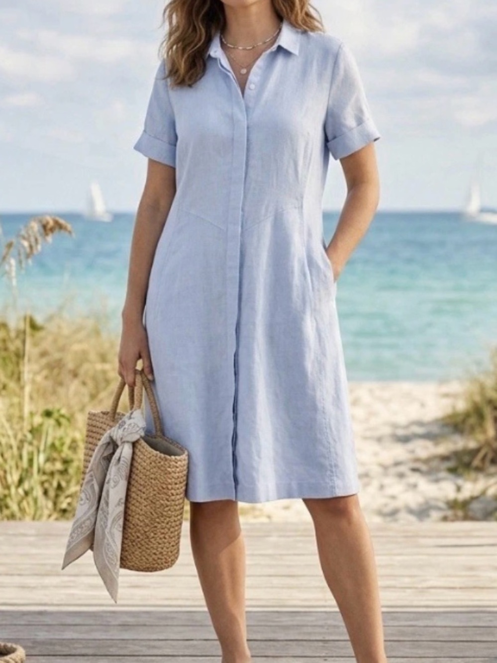 J. Jill 100% Linen Pale Blue Tortoise Shell Button Up A-line Dress S